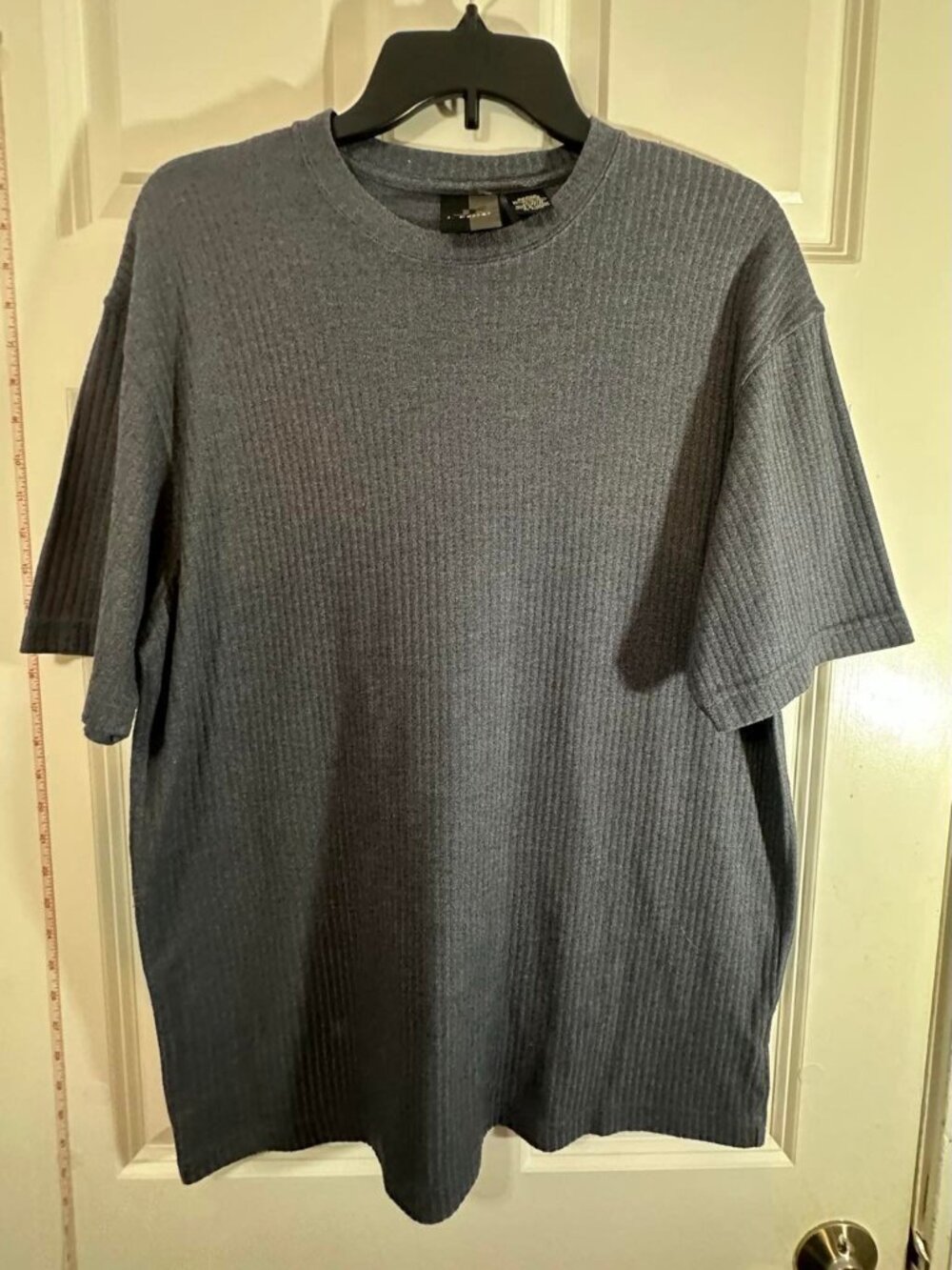 J. Ferrar Mens Charcoal Blue Ribbed Knit Crew Neck Tee Shirt Short Sleeve Large
